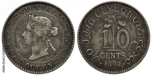Fényképezés British Ceylon silver coin 10 ten cents 1892, head of Queen Victoria within orna