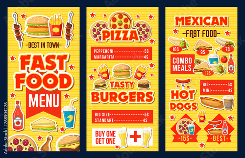 Fast food burgers, pizza and hot dogs menu dollar
