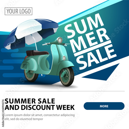 Summer sale, modern stylish square web banner for advertising and promotion of your business with scooter with a beach umbrella