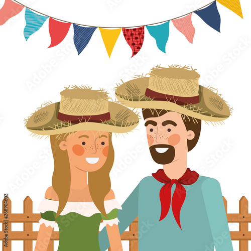 farmers couple talking with straw hat
