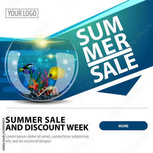 Summer sale, modern stylish square web banner for advertising and promotion of your business with round aquarium with fish