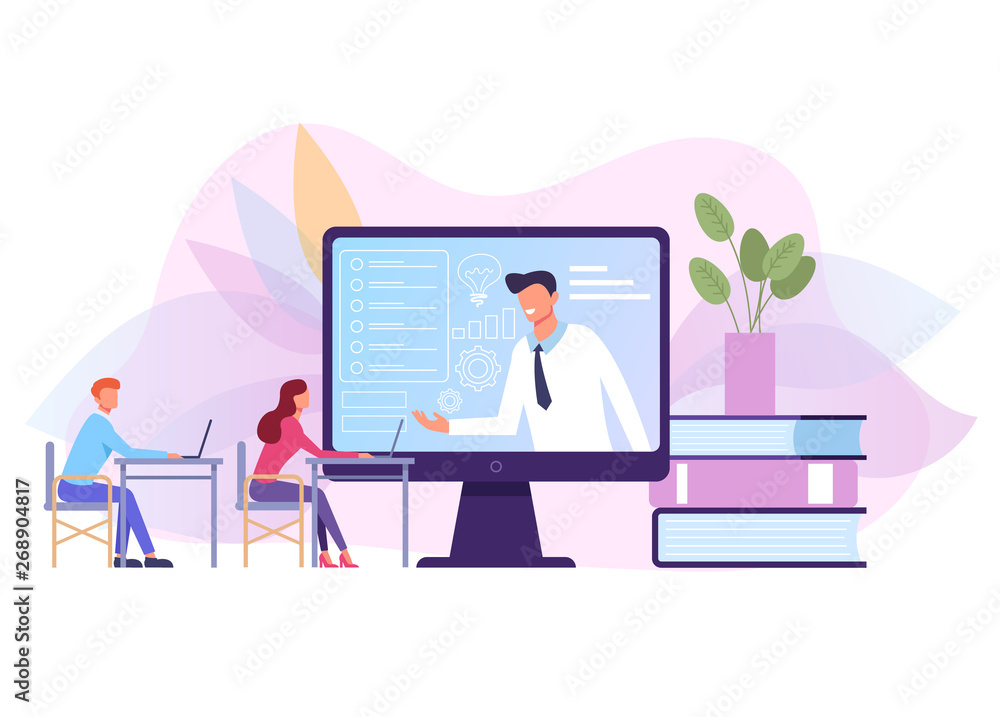 Successful businessman character conduct online video course training. Vector flat graphic design isolated illustration