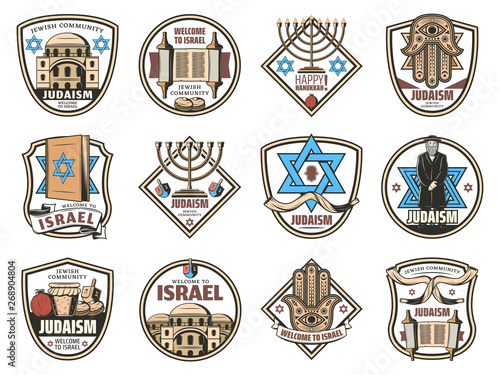 Israel symbols, Judaism religion Jewish icons