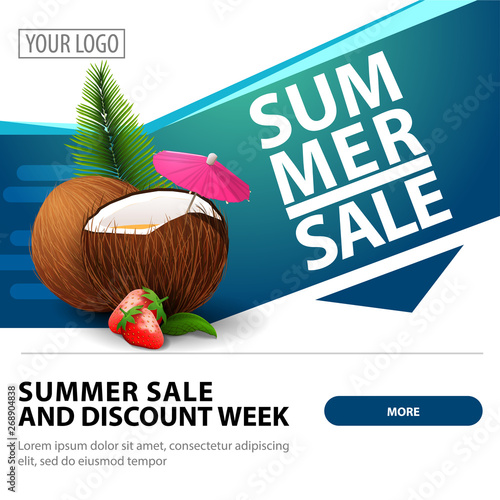 Summer sale, modern stylish square web banner for advertising and promotion of your business with strawberry cocktail in coconut
