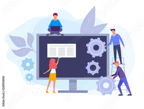 IT team working on web site development. Seo optimization concept. Vector flat graphic design isolated illustration