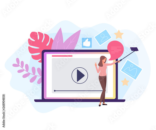 Internet woman blogger character recording video. Online stream concept. Vector flat graphic design isolated illustration