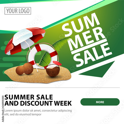 Summer sale, modern stylish square web banner for advertising and promotion of your business with coconut cocktail, beach umbrella and lifeline