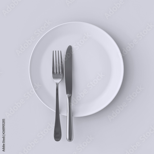 Blank white plate with fork and knife  top view isolated  3d rendering illustration. Clear dish with cutlery design. Empty restaurant table ware.