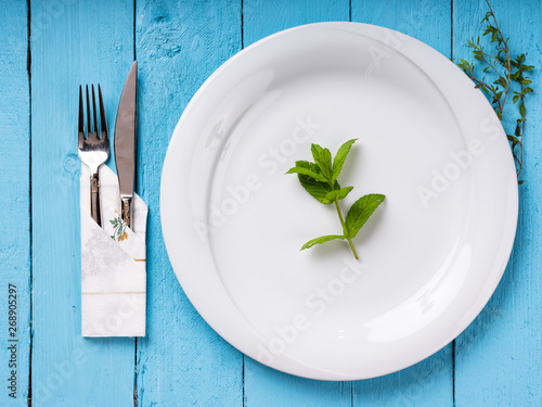 Plate with mint fork and knife in service