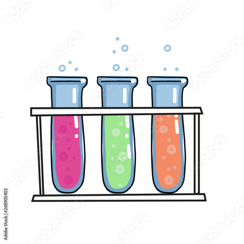 Colored liquids in tree test tubes in rack vector outlined sketch icon isolated on white background. Hand drawn glass bulb with bubbles. Tubes Doodle sketch illustration,Glass bottles with color water