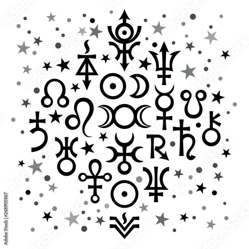 Astrological set    20  the excerpt of some recent astrological signs and occult mystical symbols. Astrological pattern  black-and-white celestial background with stars.