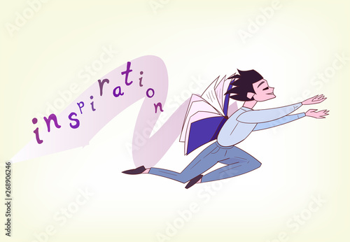 inspiration concept vector illustration guy with wings book writer poet literature muse