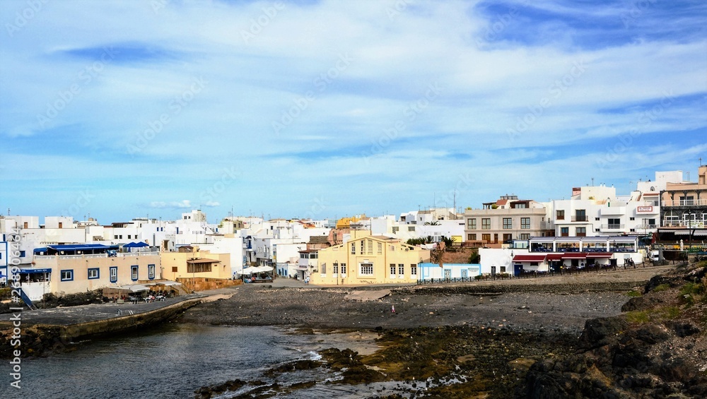 El Cotillo, Fuerteventura, Spain. View of El Cotillo buildings. El Cotillo coastal town in the municipality of la Oliva, located in the northern part of Fuerteventura, Canary Islands.