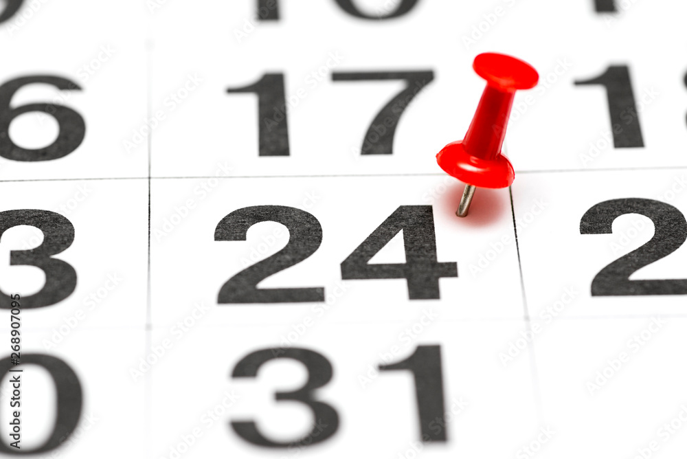 Pin on the date number 24. The twenty fourth day of the month is marked with a red thumbtack. Pin on calendar Pin on the date number 24. The twenty fourth day of the month is marked with a red thumbtack. Pin on calendar