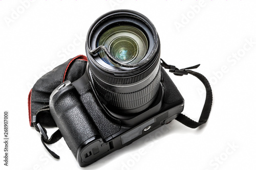 Wallpaper Mural Broken digital SLR camera, dented protective filter on the zoom lens. Will be repaired. Isolated on white background. perspective view Torontodigital.ca