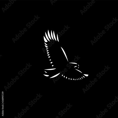 Schematic logo icon of flying eagle on the black background.