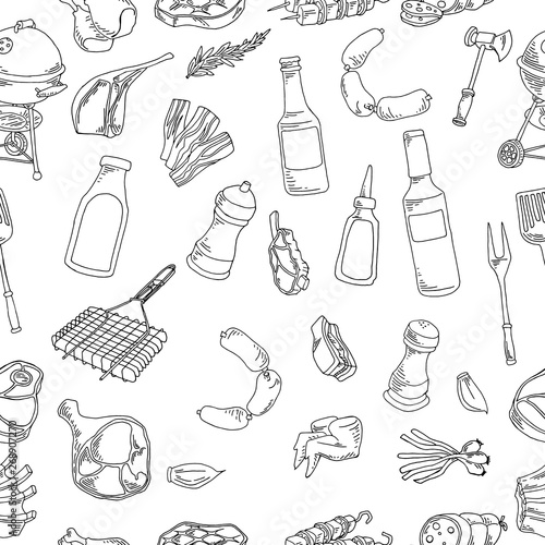 Vector illustration of a collection of poultry food and meat products. Seamless background