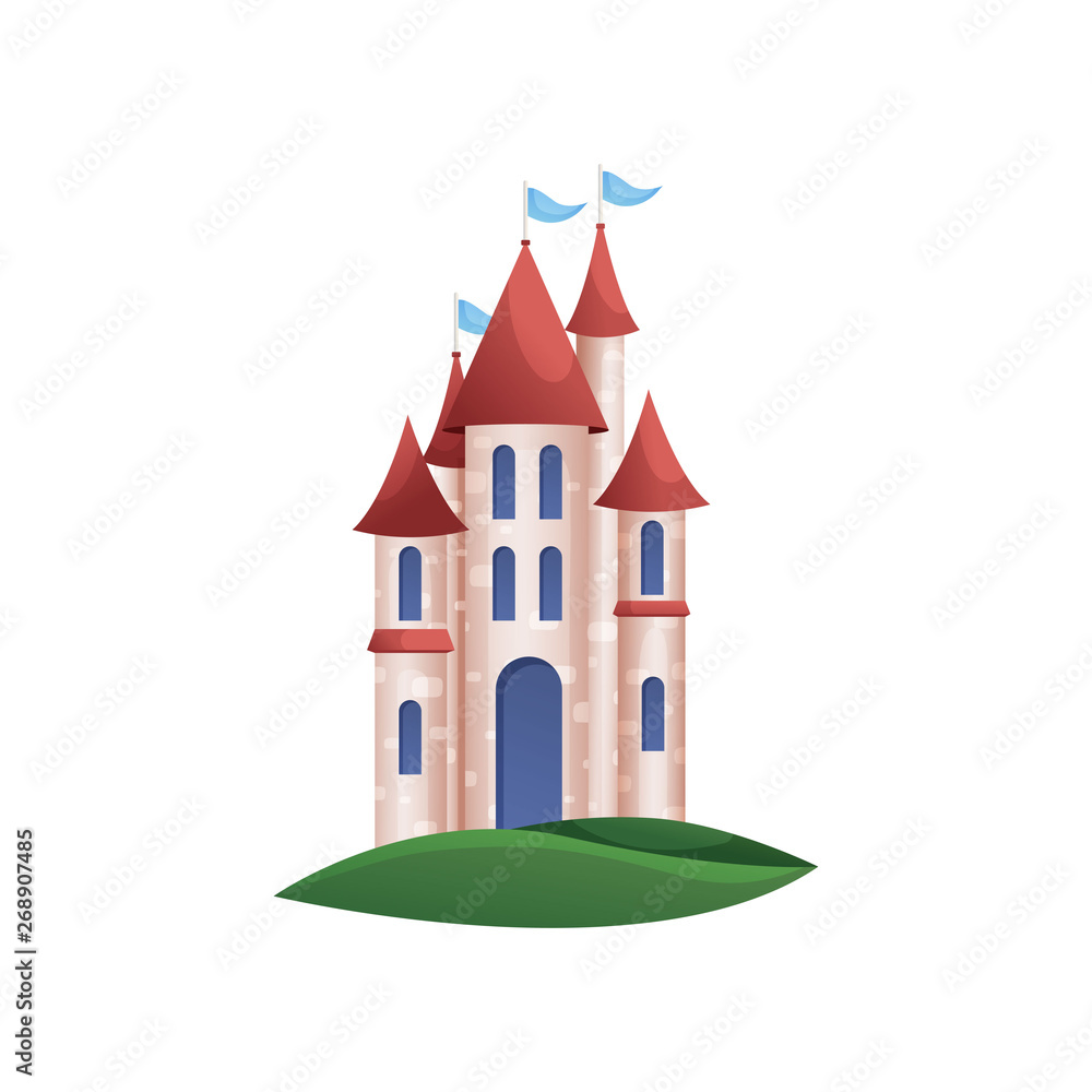 Stone kingdom knight castle with blue windows and red roof Stone kingdom knight castle with blue windows and red roof