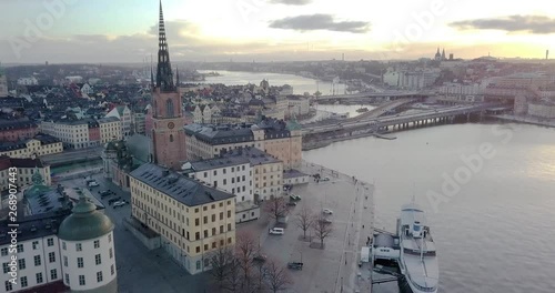 Aerial view of the Riddarholmen island in Stockholm with a beautiful sunset. photo