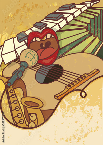 Jam session, jazz, blues music concert vector background flayer, retro style