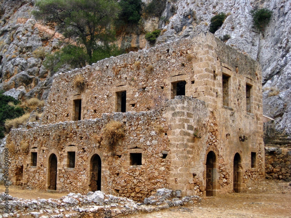 Riuns of Katholiko monastery church in Avlaki gorge, Akrotiri peninsula, Chania region on Crete island, Greece. The abandoned Katholiko monastery in the Avlaki gorge