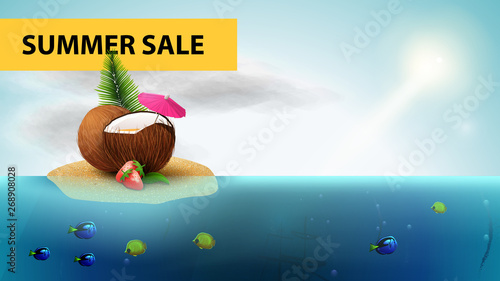 Summer sale, horizontal sea web banner with strawberry cocktail in coconut