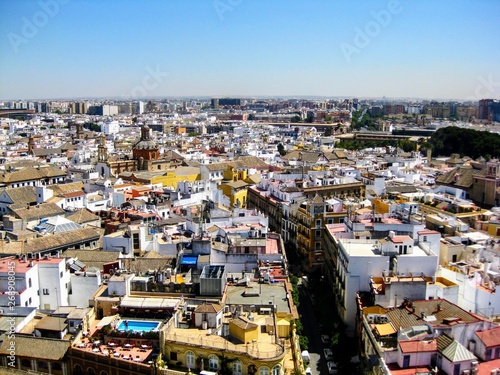 Aerial view of Seville city from Giralda Cathedral Tower. Seville panorama, Andalusia, Spain, Europe