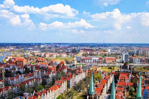 City of Gdansk, Poland. Aerial view over the Old Town and lovely colorful houses in Gdansk. View from Saint Mary's Church Tower (formally the Basilica of the Assumption of the Blessed Virgin Mary)