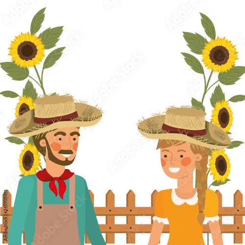 farmers couple talking with straw hat