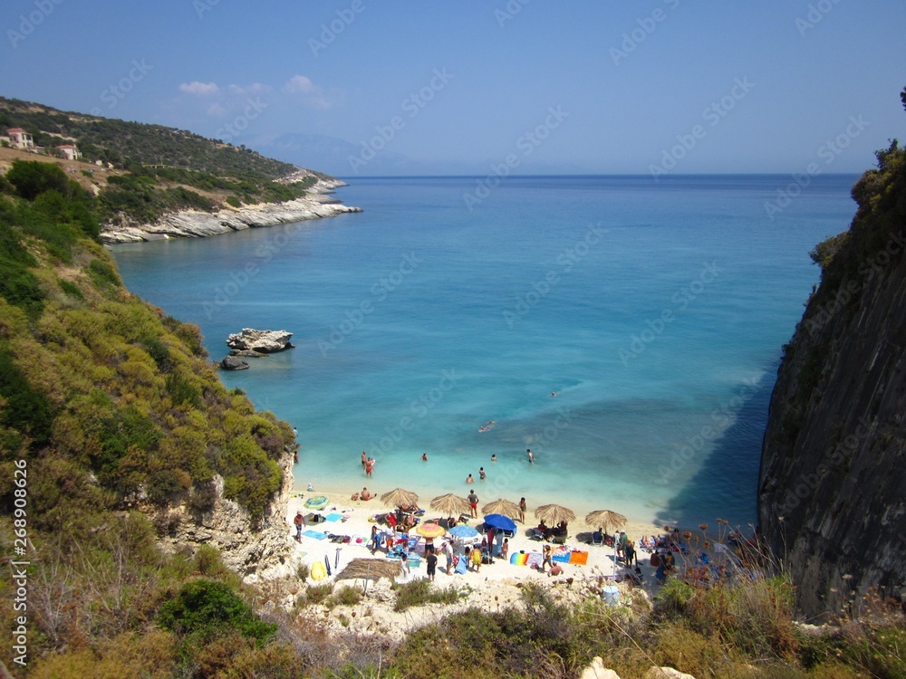 Xigia beach, Zakynthos, Greece. Picturesque pebbly beach, unique due to the water with high sulphur content and aroma. Great place for people with aches, pains and arthritis. Natural spa, springs