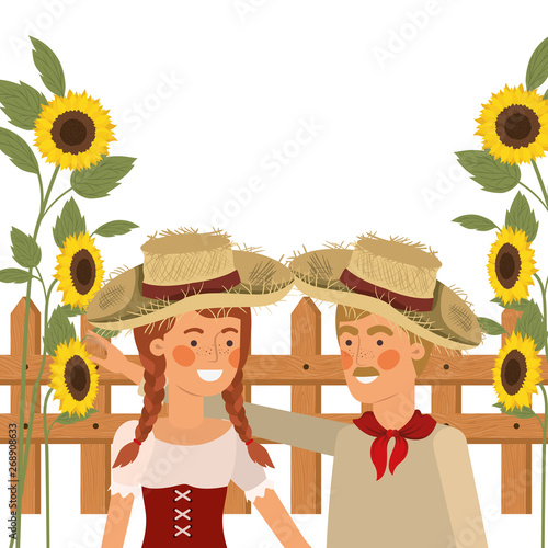 farmers couple talking with straw hat