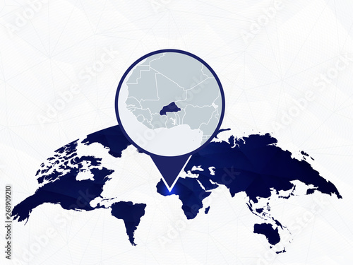 Burkina Faso detailed map highlighted on blue rounded World Map.