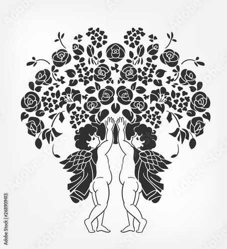 angels hold flowers vector illustration stencil isolated