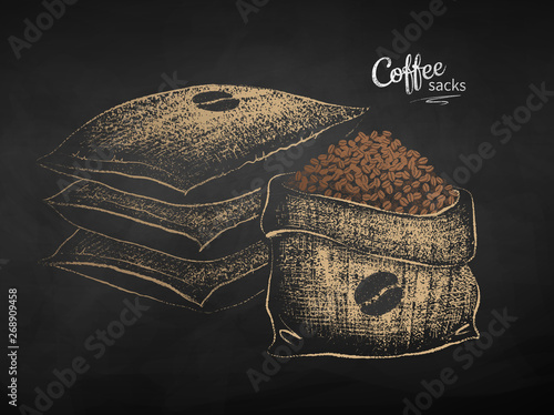 Chalk drawn sketch of sacks with coffee bean