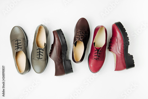 Stylish female spring or autumn shoes in various colors. Beauty and fashion concept. Flat lay, top view