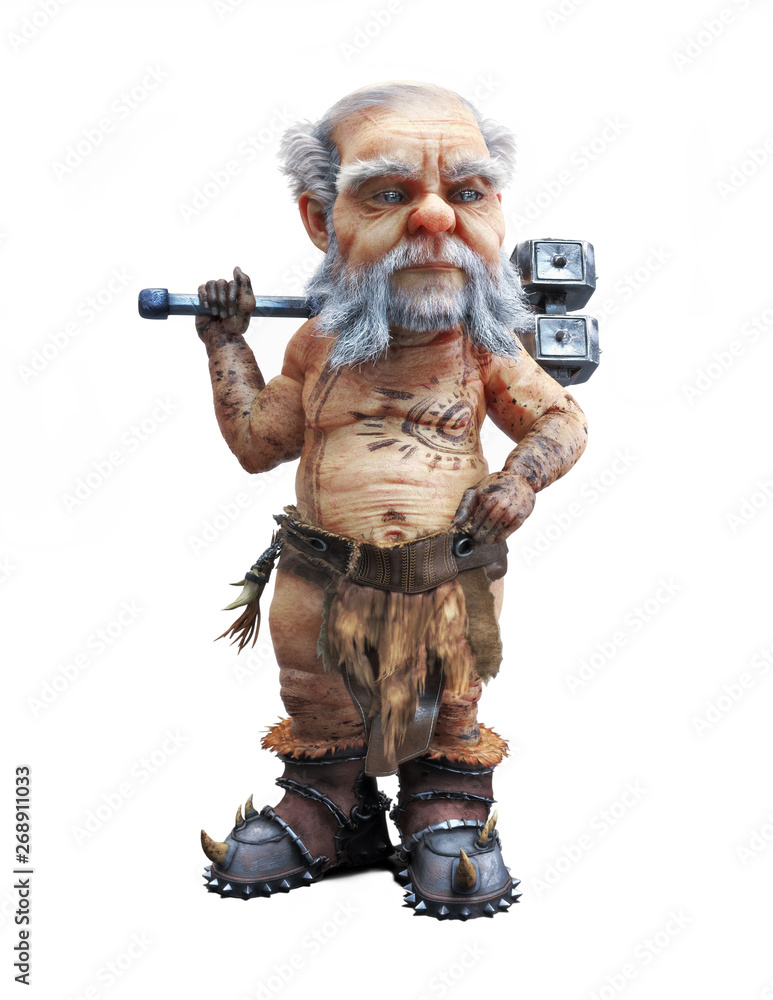 Portrait of a cute mighty dwarf standing with a war hammer on an isolated white background. 3d rendering Portrait of a cute mighty dwarf standing with a war hammer on an isolated white background. 3d rendering