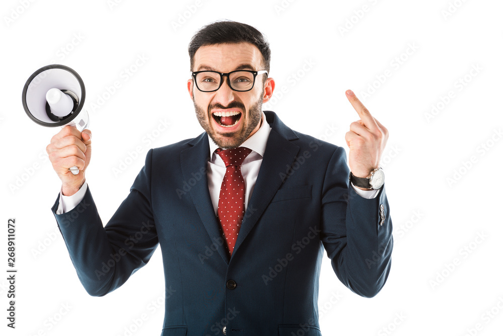 angry businessman with loudspeaker screaming and showing middle finger isolated on white angry businessman with loudspeaker screaming and showing middle finger isolated on white