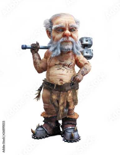 Portrait of a cute mighty dwarf standing with a war hammer on an isolated white background. 3d rendering