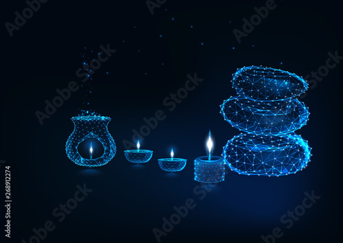 Spa resort futuristic concept with aromatherapy lam, oil lamps, candles and zen stones.
