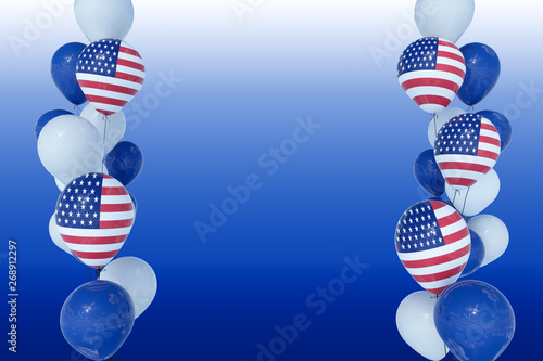 4th July Independence day USA celebration. Balloons with United States of America Flag and national colors on blue background.Copy space for text-3d render