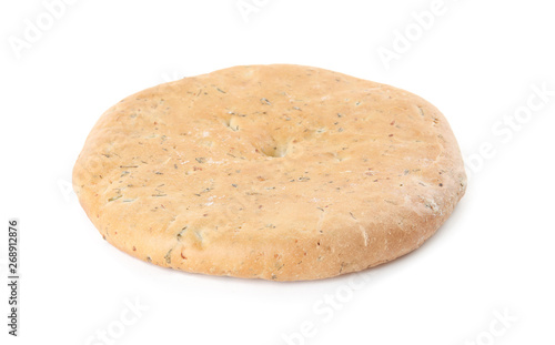 Tasty pita with herbs isolated on white. Fresh bread