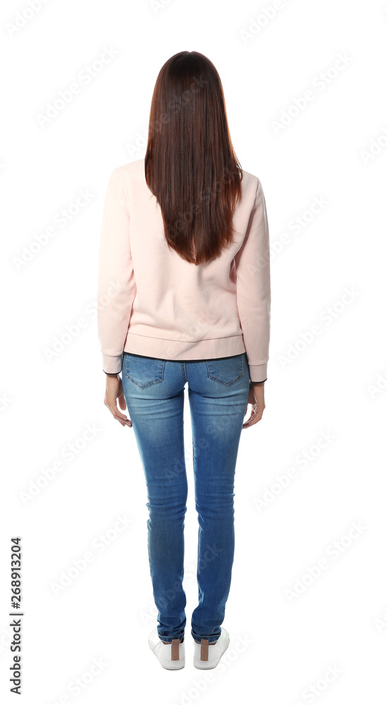 Brunette woman with long hair posing on white background Brunette woman with long hair posing on white background