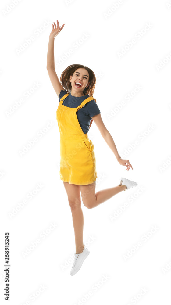 Full length portrait of pretty woman jumping on white background