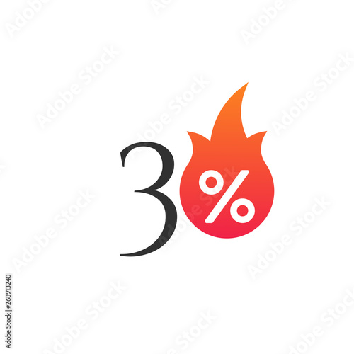 30 percent off with the flame, burning sticker, label or icon. Hot Sale flame and percent sign label, sticker. special offer, big sale, discount percent off. 