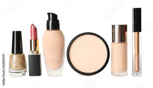 Set of luxury makeup products on white background
