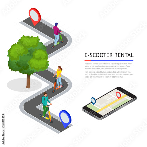 Isometric Electric Scooter on the road. Electric scooter transportation you can rent for a quick ride.