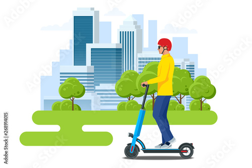 Electric Scooter on the road. Electric scooter transportation you can rent for a quick ride. Eco city transport.