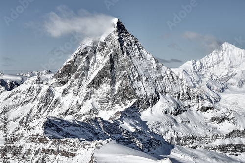 great view of Matterhorn East face from boarder between Italy and Switzerland 