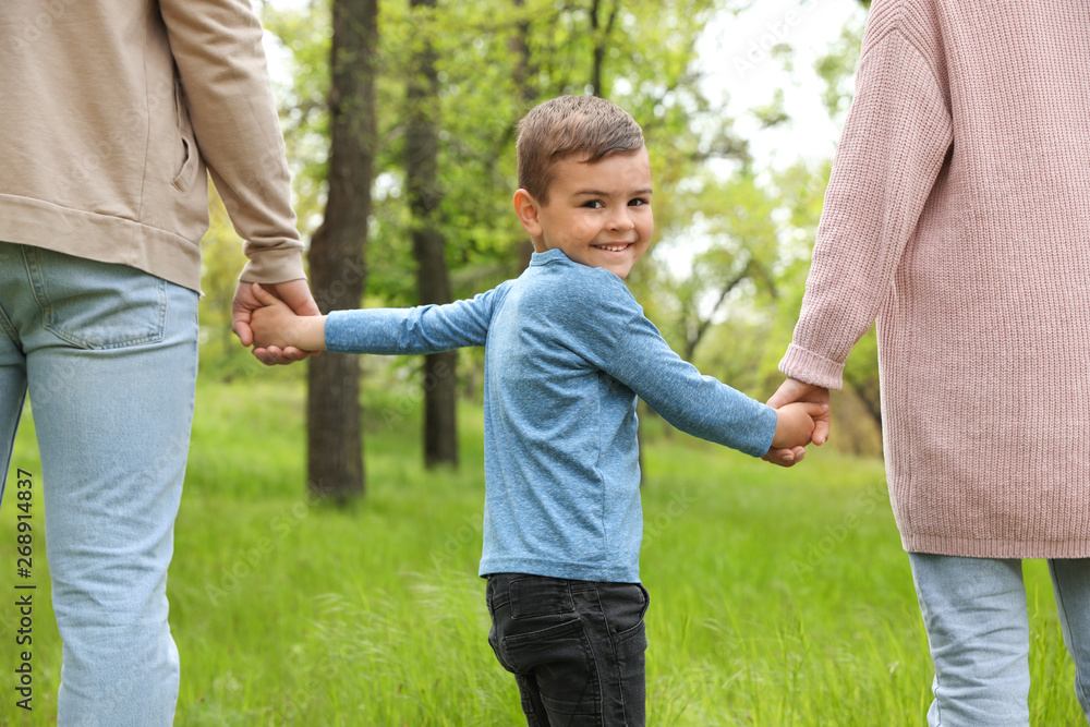 Happy little child holding hands with his parents in park. Family