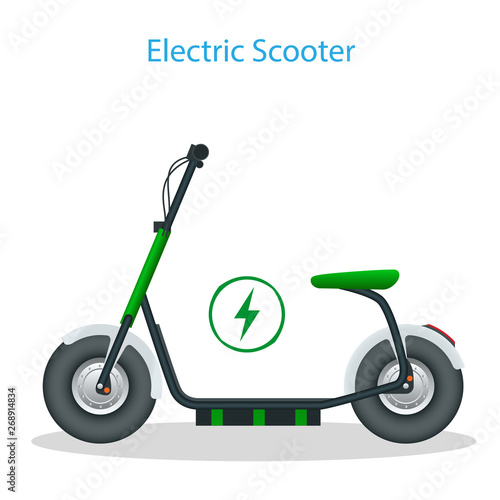 Electric Scooter with seat on the road. Electric scooter transportation you can rent for a quick ride. Eco city transport.